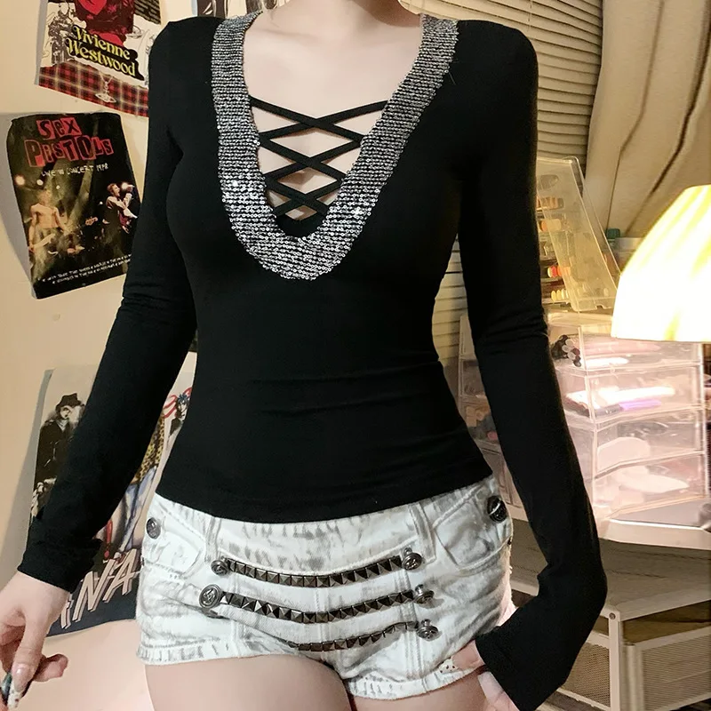 

Pure Desire Style Sequin Deep V-Neck Top Design Cross Hollow Slim Fit Solid Color Base Shirt Spicy Girl Long Sleeved T-Shirt