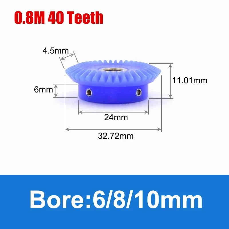 Engrenage biseauté en nylon, engrenage en plastique, angle de maillage, 20 dents, 40 dents, alésage 4mm, 5mm, 6mm, 8mm, 10mm, 0.8, ModContinGear 90, Leuven, 0.8Mod, 1:2, 1 pièce