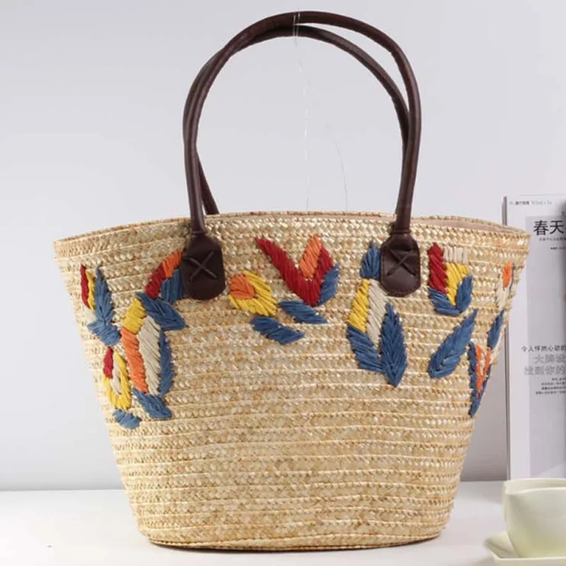 Large capacity tote bag fashion embroidered grass woven women bag shoulder bag summer vacation beach bag women  handbag