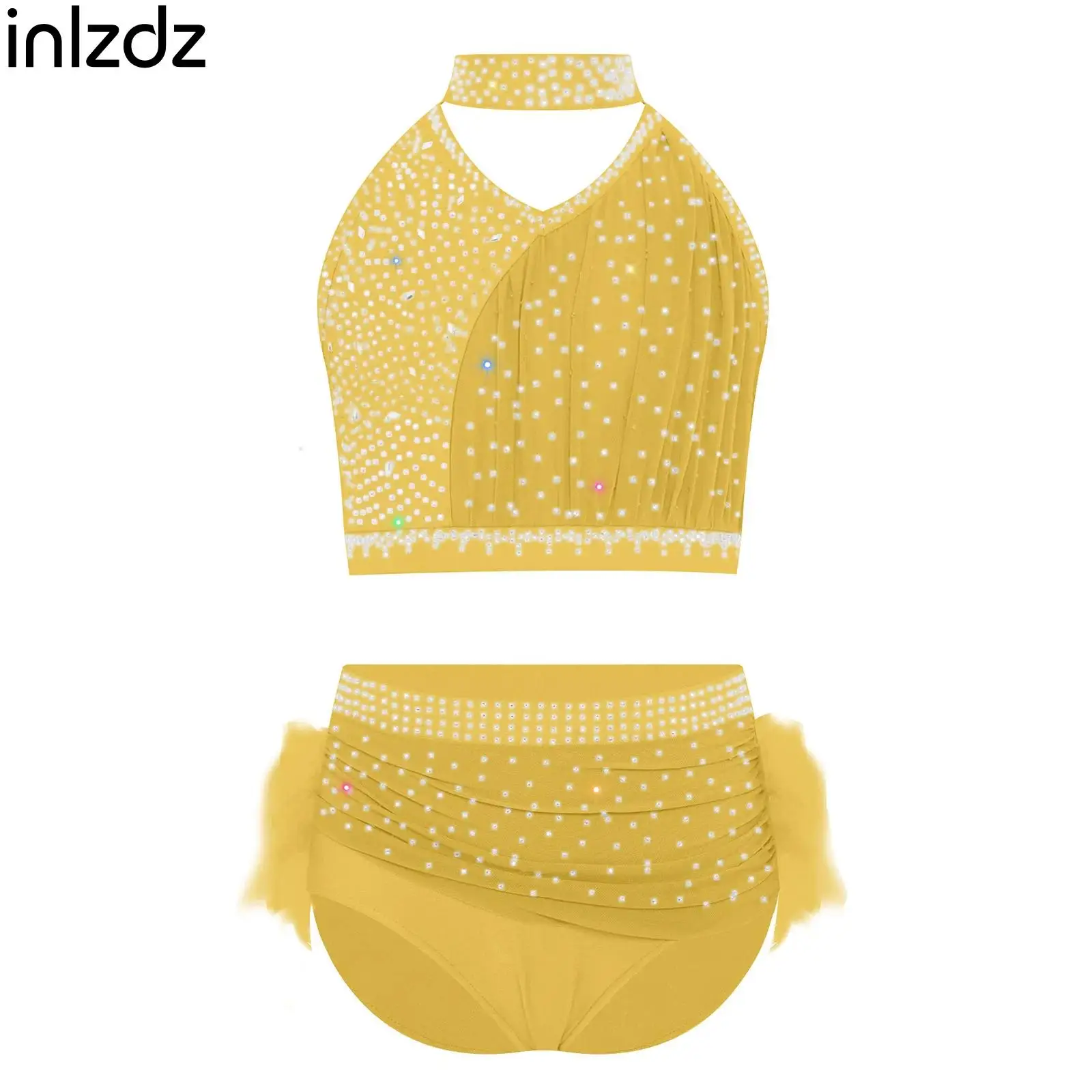 

Kids Ballet Lyrical Modern Dance Outfit Teen Girl's Rhinestones Ruched Crop Top+Feather Briefs Skirt Set Skating Dance Clothes