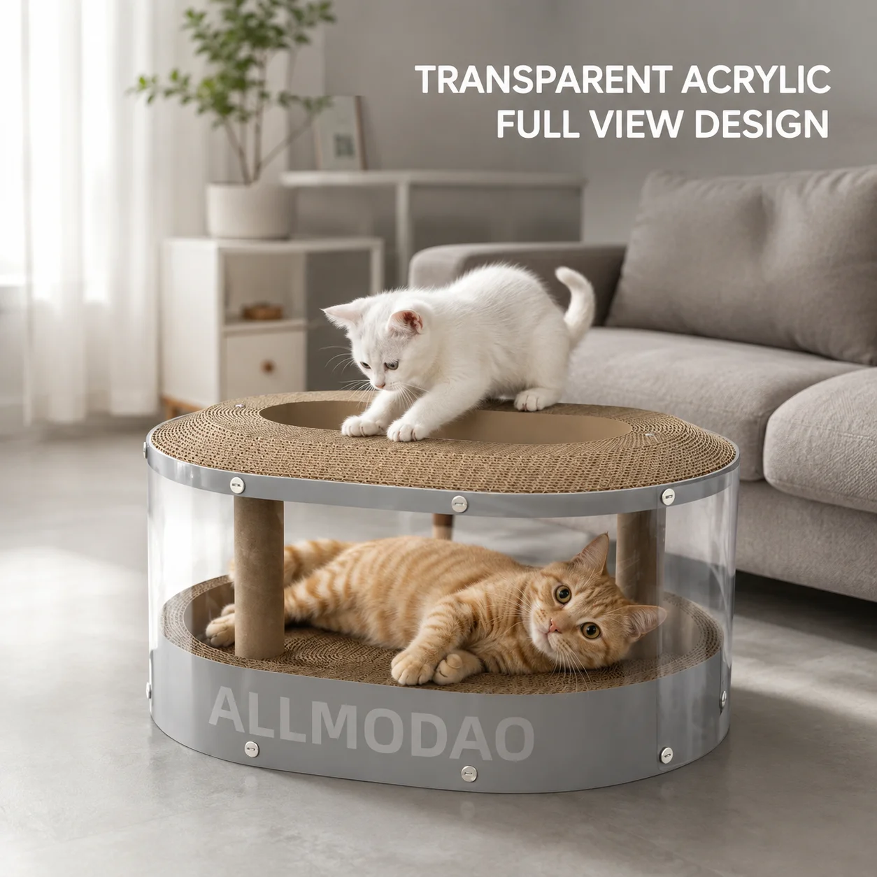 Allmodao Double Layer Cat Scratcher Tunnel Transparent Wear Resistant Corrugated Paper Sisal Post Integrated Cat House for Indoo
