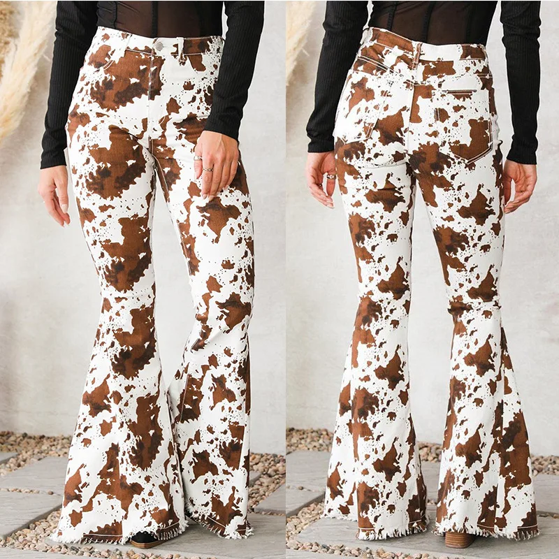 JY Autumn 2024 New Women\'s Jeans White Bottom Printed Brown High Waist Non Elastic Bellbottom Pants Elegant and Fashionable