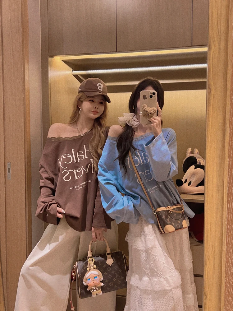 

Женская повседневная удобная дышащая футболка Yukiss с кружевом и принтом на одно плечо, с длинным рукавом, из смесового хлопка и полиэстера