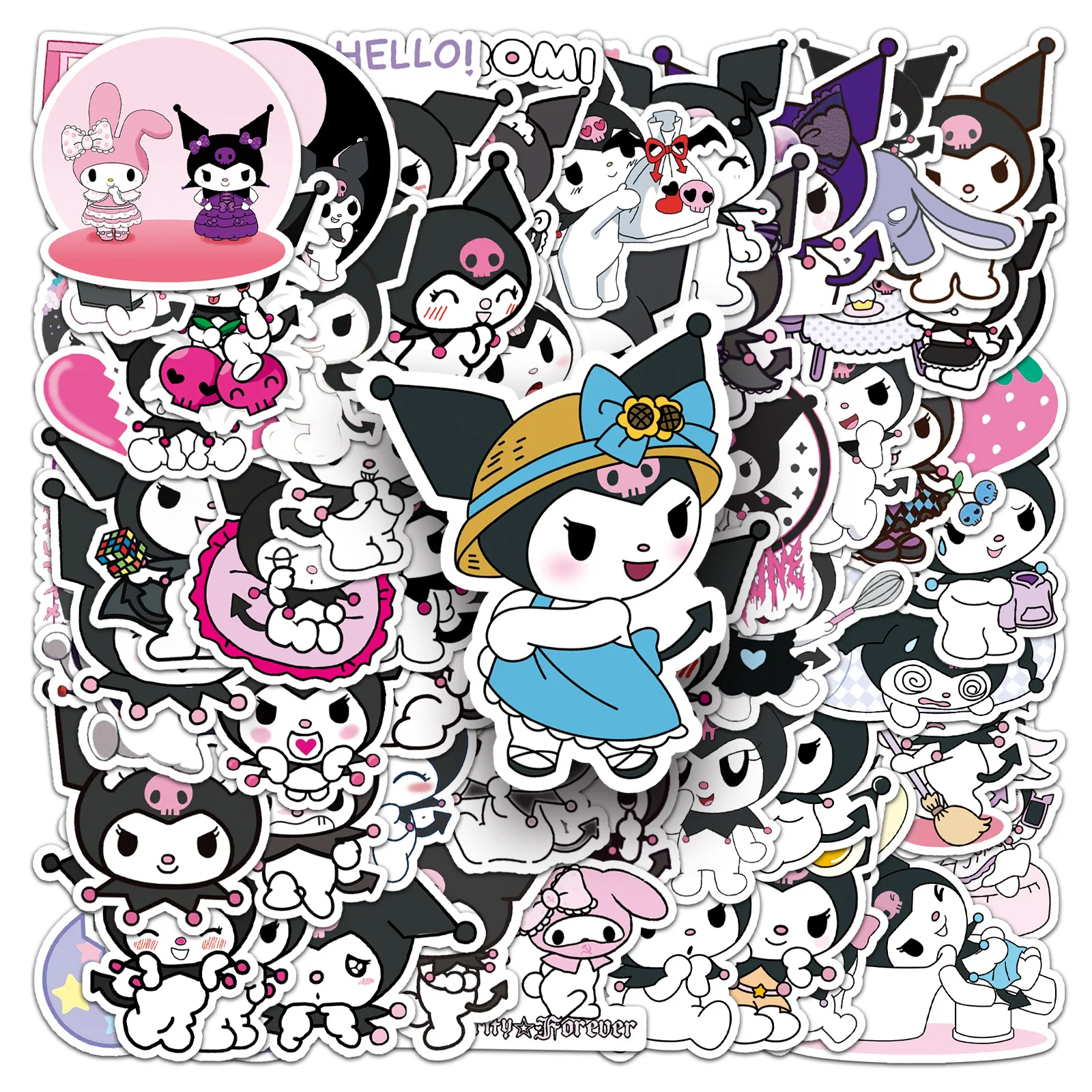 

100Pcs Sanrio Stickers Cute Kuromi Anime Cartoon Stiker Kawaii Graffiti Decal for Skateboard Bicycle Guitar Laptop Kids Toy Gift