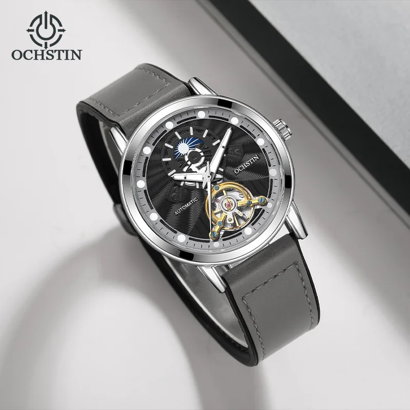 OCHSTIN Hot Men's Flying Tourbillon Skeleton Mechanical Movement Watches Man Leather-Wrapped Rubber Strap Magnetic Buckle Watch