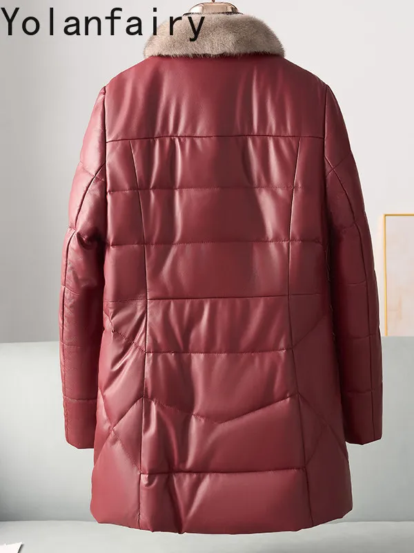 YOLANFAIRY Prawdziwa Skórzana Kurtka Damska z Owczej Skóry Zimowa Średniej Długości Skórzana Kurtka Puchowa z Kołnierzem z Futra Norki Wyszczuplająca Ciepła Czerwona Kurtka Puchowa