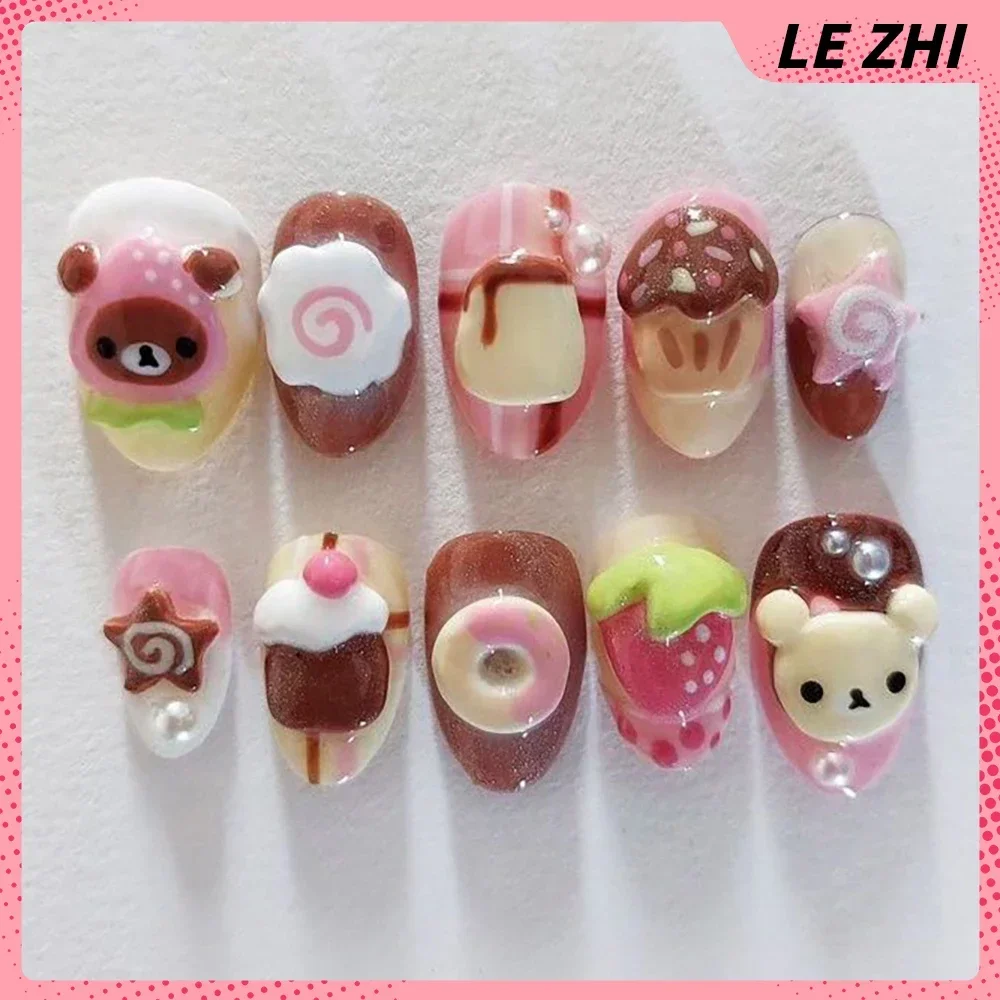 Kawaii 3D Bear Handmande Press On Fake Nails Sticker Coffee Pink Cream Style Almonds Customizable Party Cartoon Nail Sticker