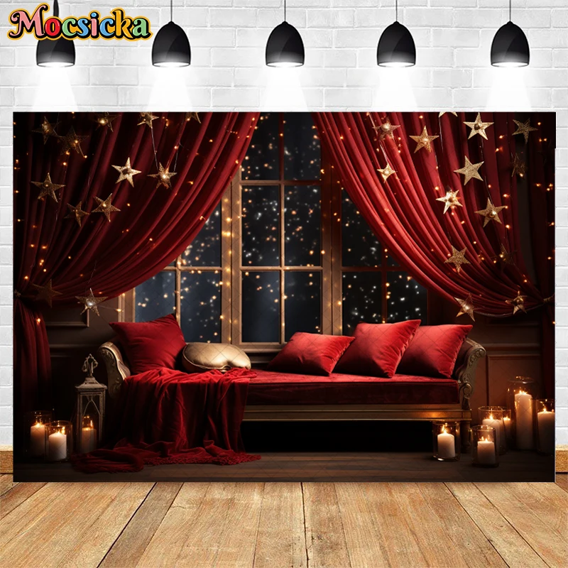 Indoor Christmas Window Background For Child Adult Portrait Holiday Party Photography Glitter Stars Red Curtains Pillow Decor