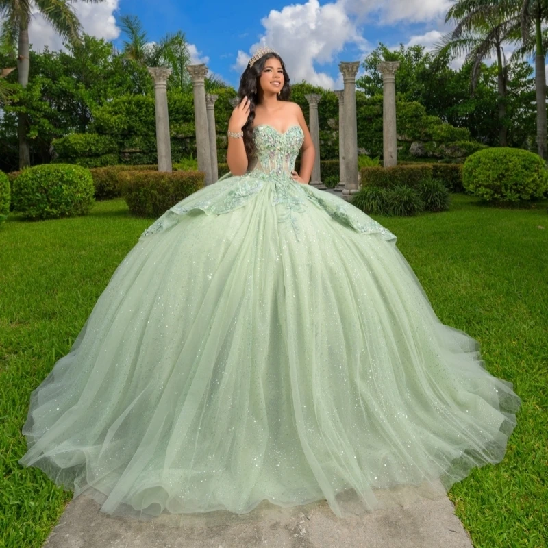 Sage verde brilhante quinceanera vestidos fora do ombro apliques rendas miçangas cristal espartilho tull festa de aniversário doce 16 vestido