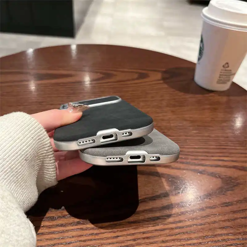 Luxury Matte Suede Leather Case for iPhone 16 Plus 15 14 13 12 11 Pro Max Plating Shockproof Lambskin Skin Soft Silicone Cover