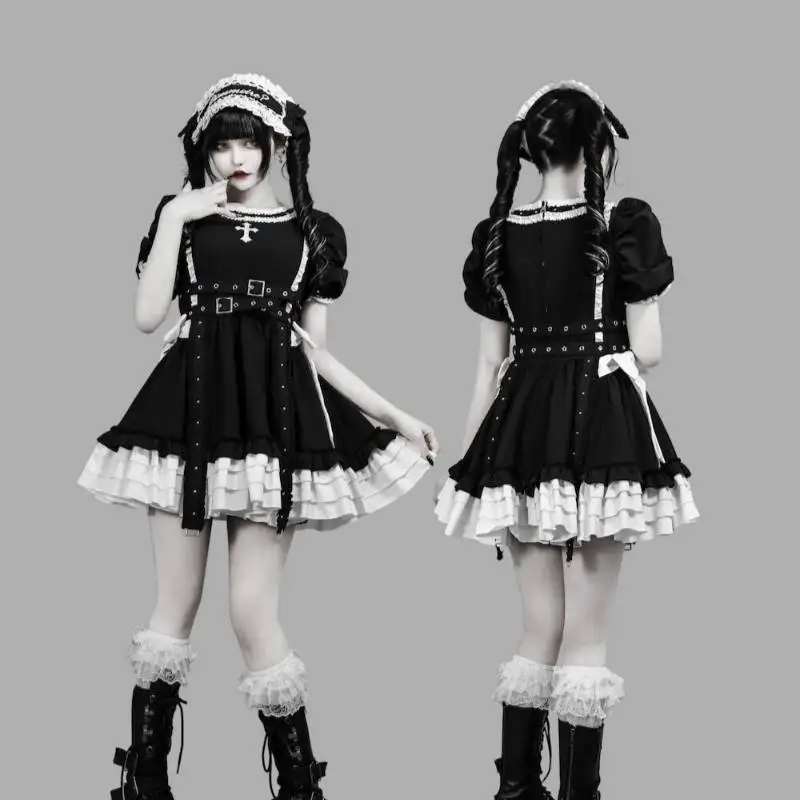 Gothic Lolita Dress Women Puff Sleeve Cross Pattern Ruffle Tiered Dress Black White Contrast Cosplay Mini Dress