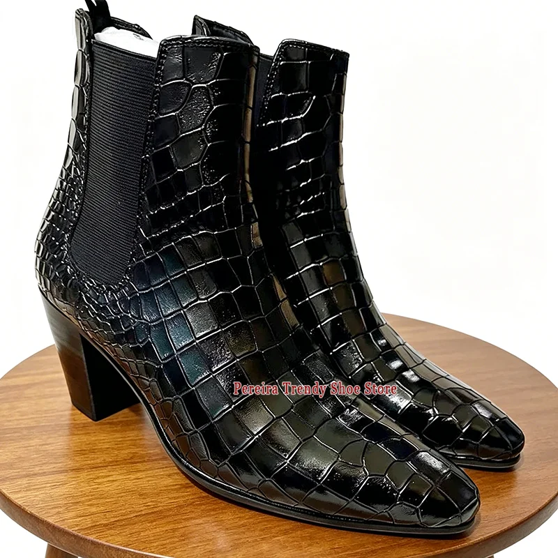 British Style Black Chelsea Boots for Men Crocodile Pattern Cowhide Thick Heel Pointed Toe Short Boots Party Wedding Shoes