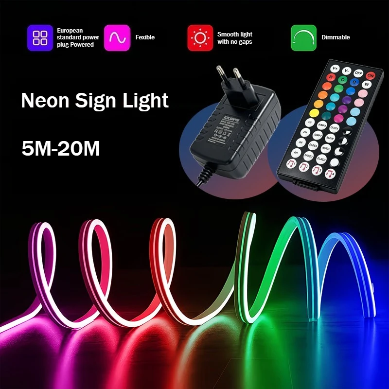 5-20M Color Changing Neon LED Rope Light EU Plug Powered, Music Sync Remote Timer for Gaming Bedroom Holiday Party Decor