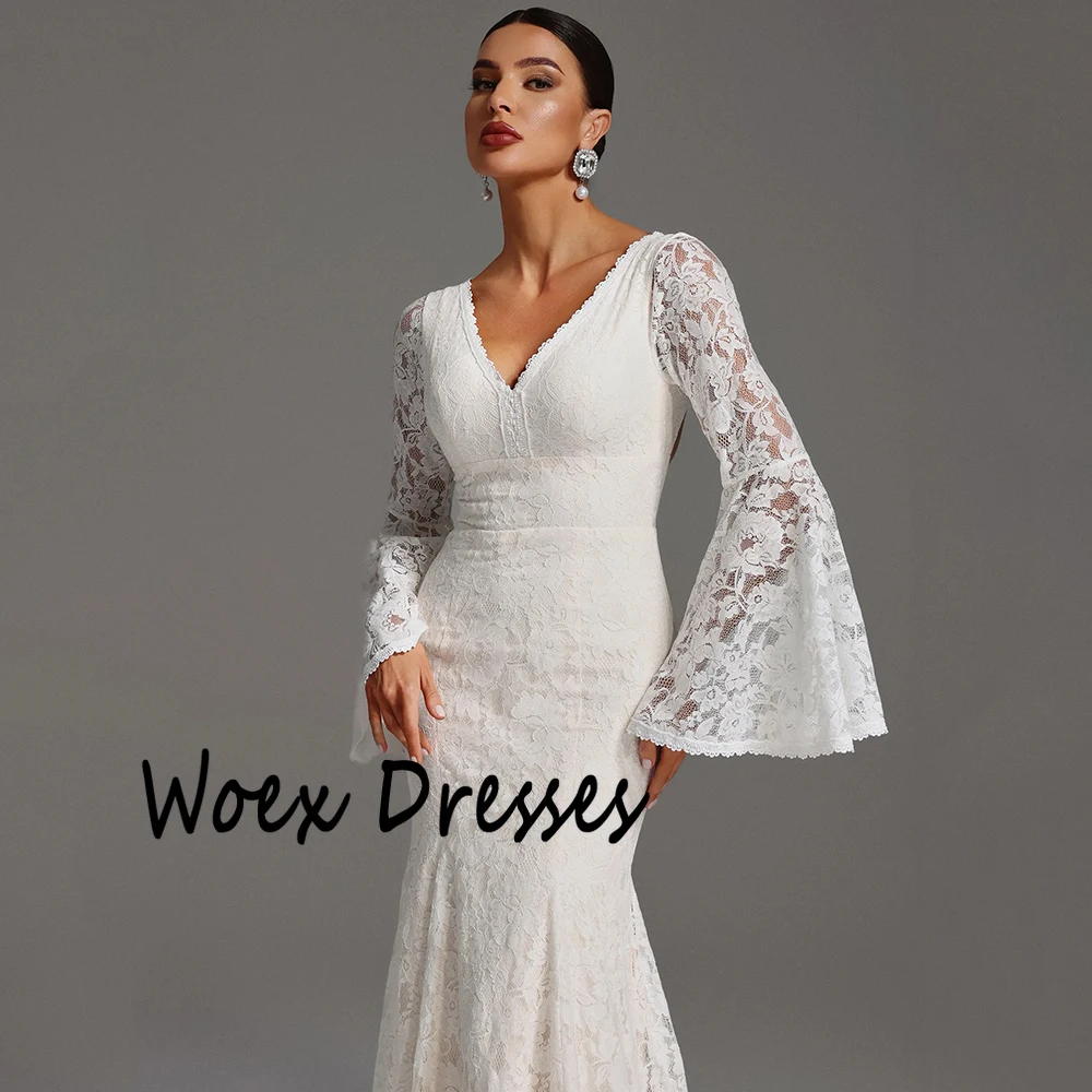 Abito da sera da donna a sirena in pizzo con scollo a V personalizzato ILLUSION Abito da festa alto-basso con maniche lunghe Abito da ballo alla caviglia senza schienale