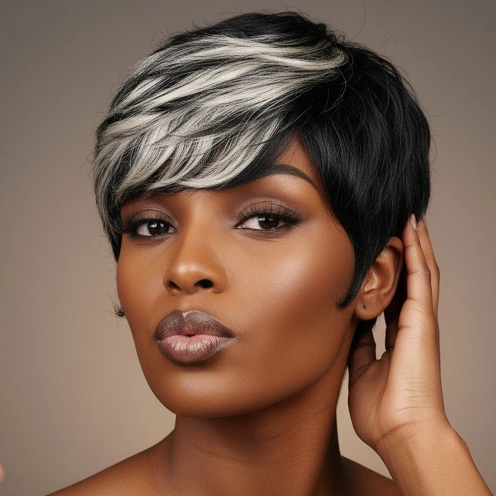 짧은 스트레이트 픽시컷 가발 블랙 그레이 밥 가발 앞머리 포함 기계 제작 브라질 레미 인모 가발 흑인 여성용