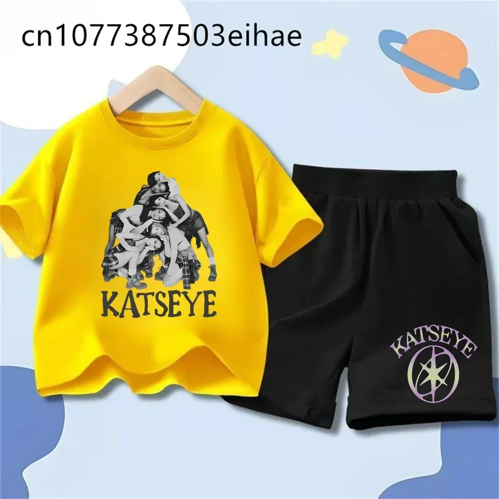 Boys Girls Katseye Funny Cartoon Print Short Sleeve T Shirt Shorts Set Summer Breathable Casual Athletic Sport Costume Suit