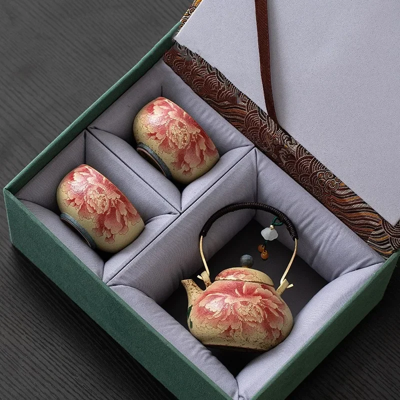 Colorful Camping Tea Ceremony Set Gift Luxury Peony Flower Lift Kettle One Pot Two Cups Kung Fu Tea Set Retro Teapot Gift Box