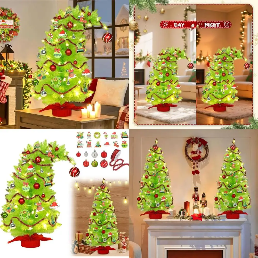 

Причудливая зеленая рождественская елка длиной 3,4 фута с лаймово-зелеными огнями, красной гирляндой из мишуры и гибким дизайном для праздничного декора