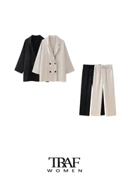 TRAF-Women's Double-Breasted Loose Blazer Coat and High Elastic Waist Wide Leg Pants, Female Two Piece Sets, Fashion