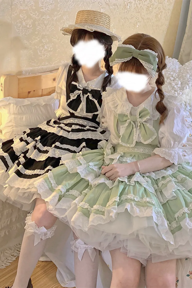 Saia de renda Lolita com laço, Saia Kawaii para menina, Retro e Linda, Vitoriana e Gótica, Fresca e Doce, Loli, Estudante Japonesa