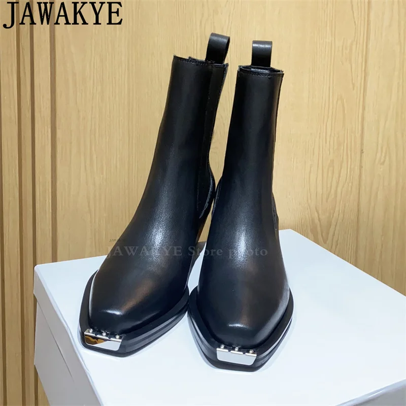 Black Genuine Leather Chunky Bottom Ankle Boots Women Wedges Heels Chelsea Mid Calf Boots Runway Fashion Week Punk Boots femina