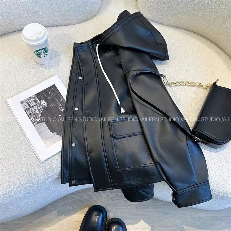 سترة جلدية سوداء بغطاء للرأس للنساء ربيع النسخة الكورية الجديدة من الموضة على الطراز الغربي سترة جلدية من جلد البولي يوريثان ذات إحساس متقدم #6