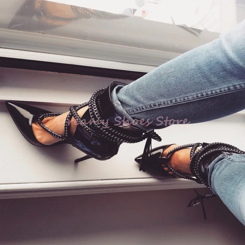 

Black Rope Lace Up Hollow Pointed Toe Sandals Boots Women Back Zipper Cross Strap Ankle Boots Sexy Cool Party Lady Stiletto Shoe