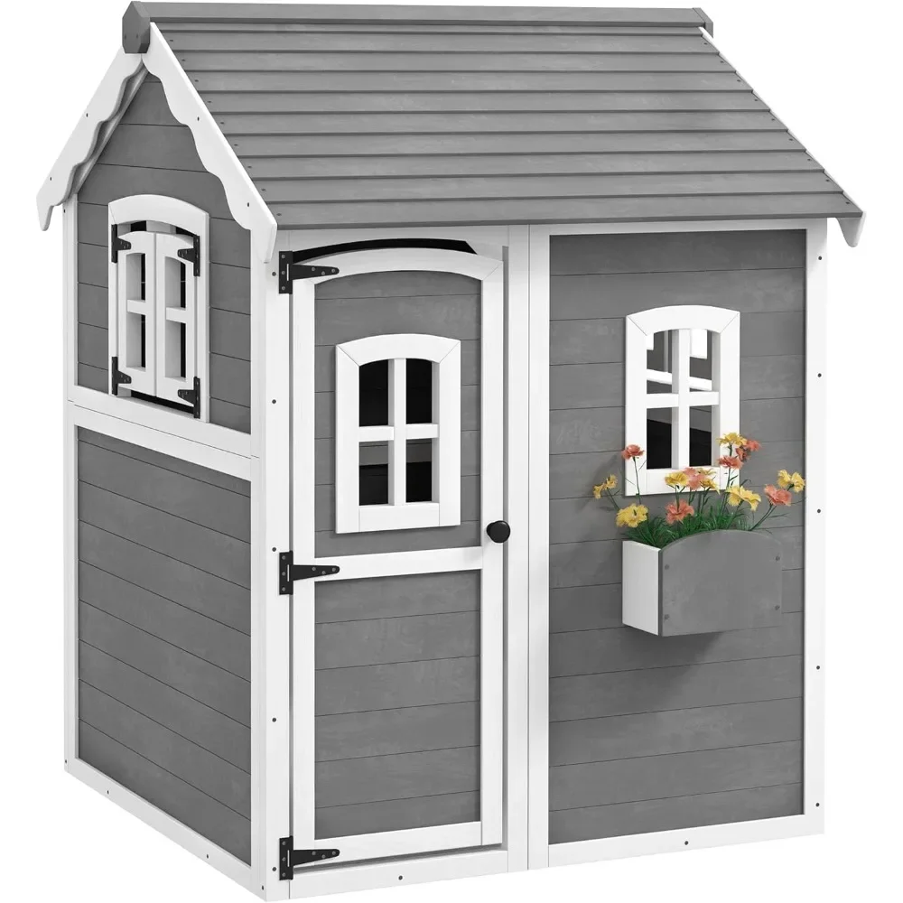 Playhouse for Kids, Outdoor Wooden Playhouse with Floor, Door, Windows & Planter Box for 3-8 Year, Backyard, Lawn, Garden