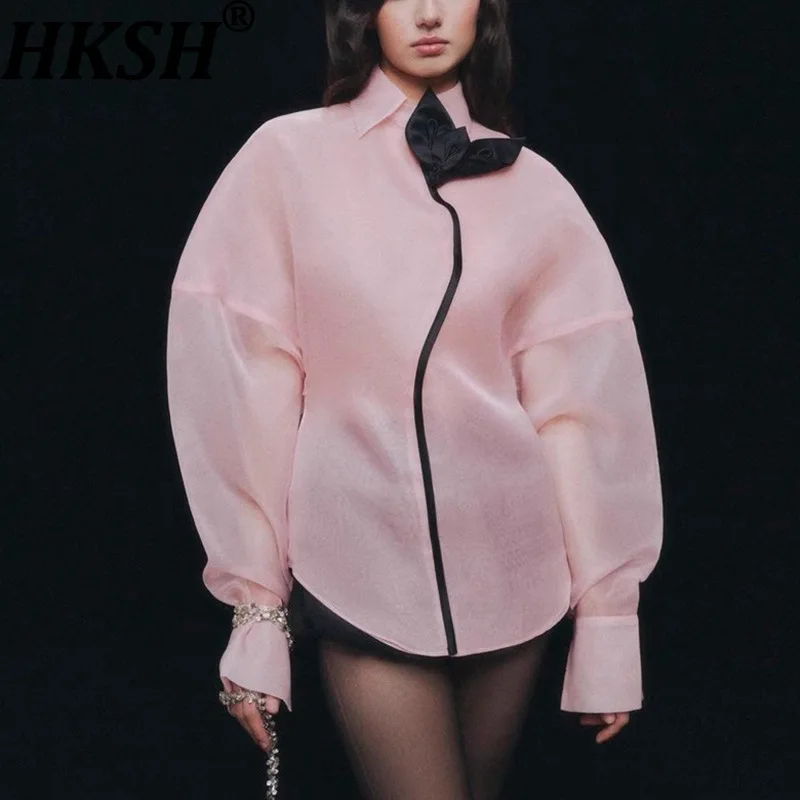 HKSH Autumn New Women Trendy Shirt Lantern Sleeve Patchwork Contrast Color High Street Elegant Gentle Fashion Casual Tops HK8946