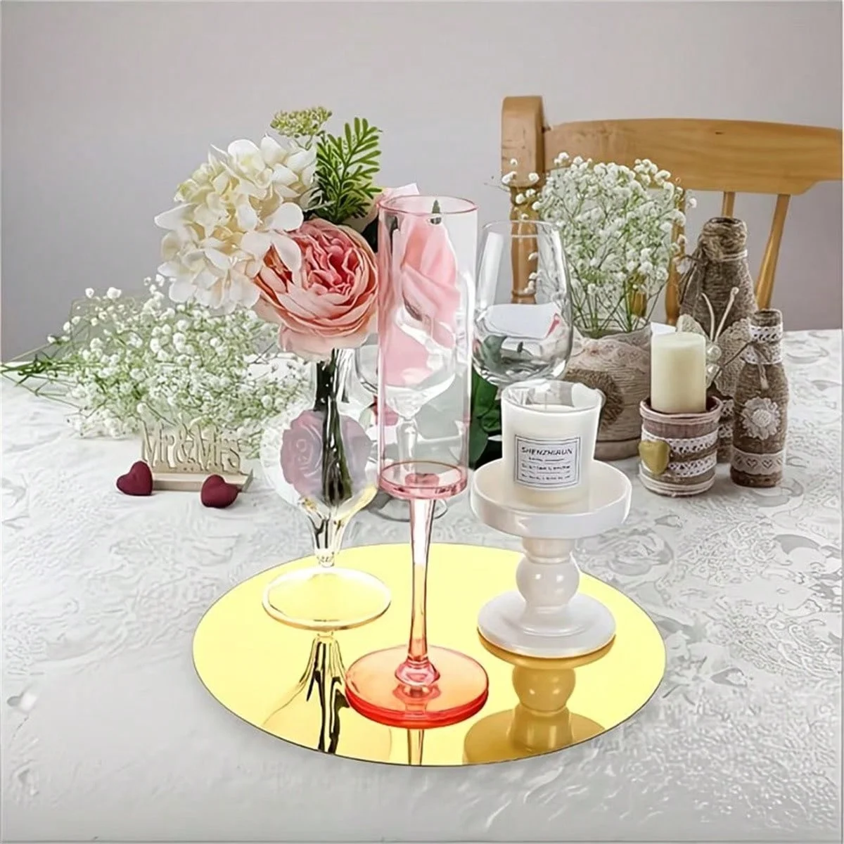 5/10pcs Golden Round Acrylic Mirror Home Decoration Bathroom Mirror Candle Tray for Party Wedding Table Centerpiece Photo Props