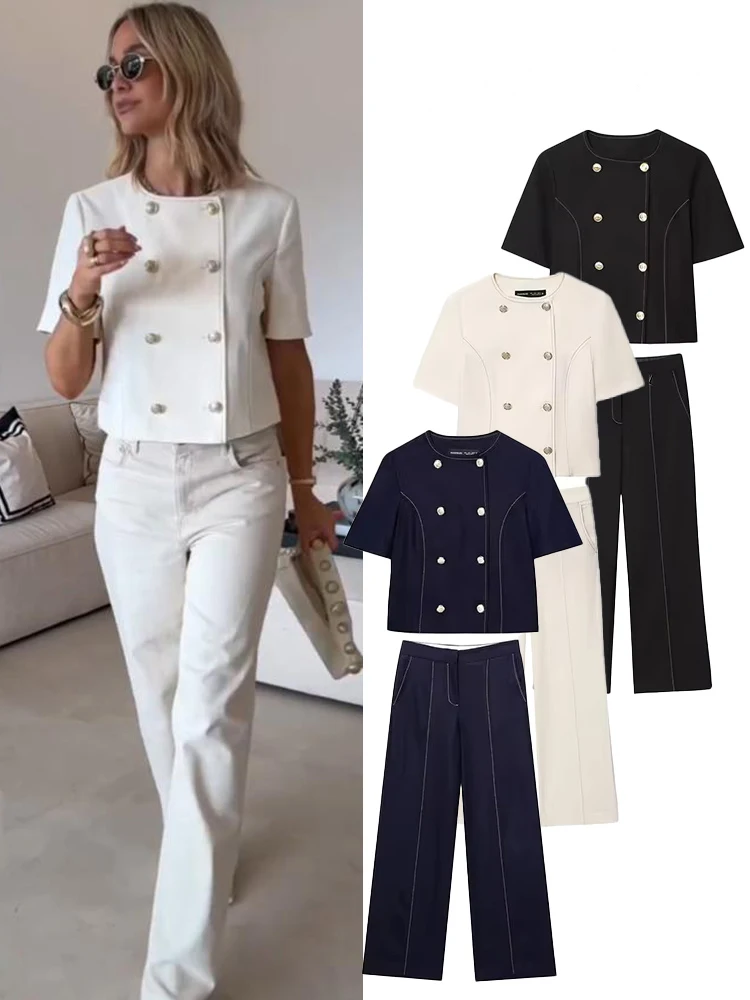 HH Women's Autumn Fashion Line Decoration Round Collar Double-breasted Coat+High Waist Flax 3-Color Slim Straight Leg Pants