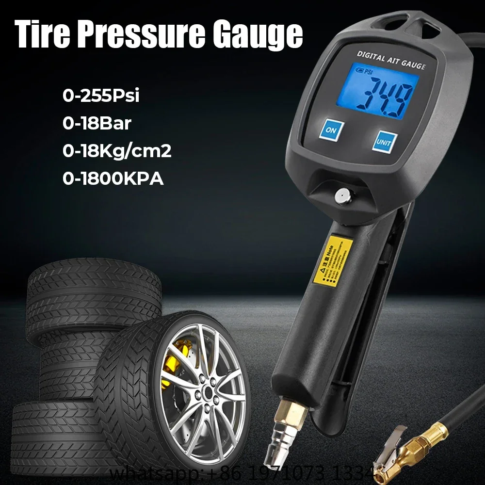 Multi-Unit Tire Inflator Gauge 0-18Kg/cm² 0-1800KPA 0-255PSI 0-18Bar Digital Display For Car Bike Tire Pressure Monitoring