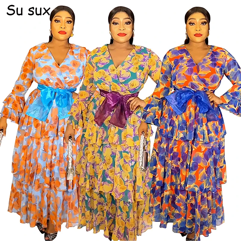 Flower Print Multilayer Maxi Dress African Clothes For Women 2023 Autumn Elegant V Neck Bow Belt African Dresses Robe Africaine