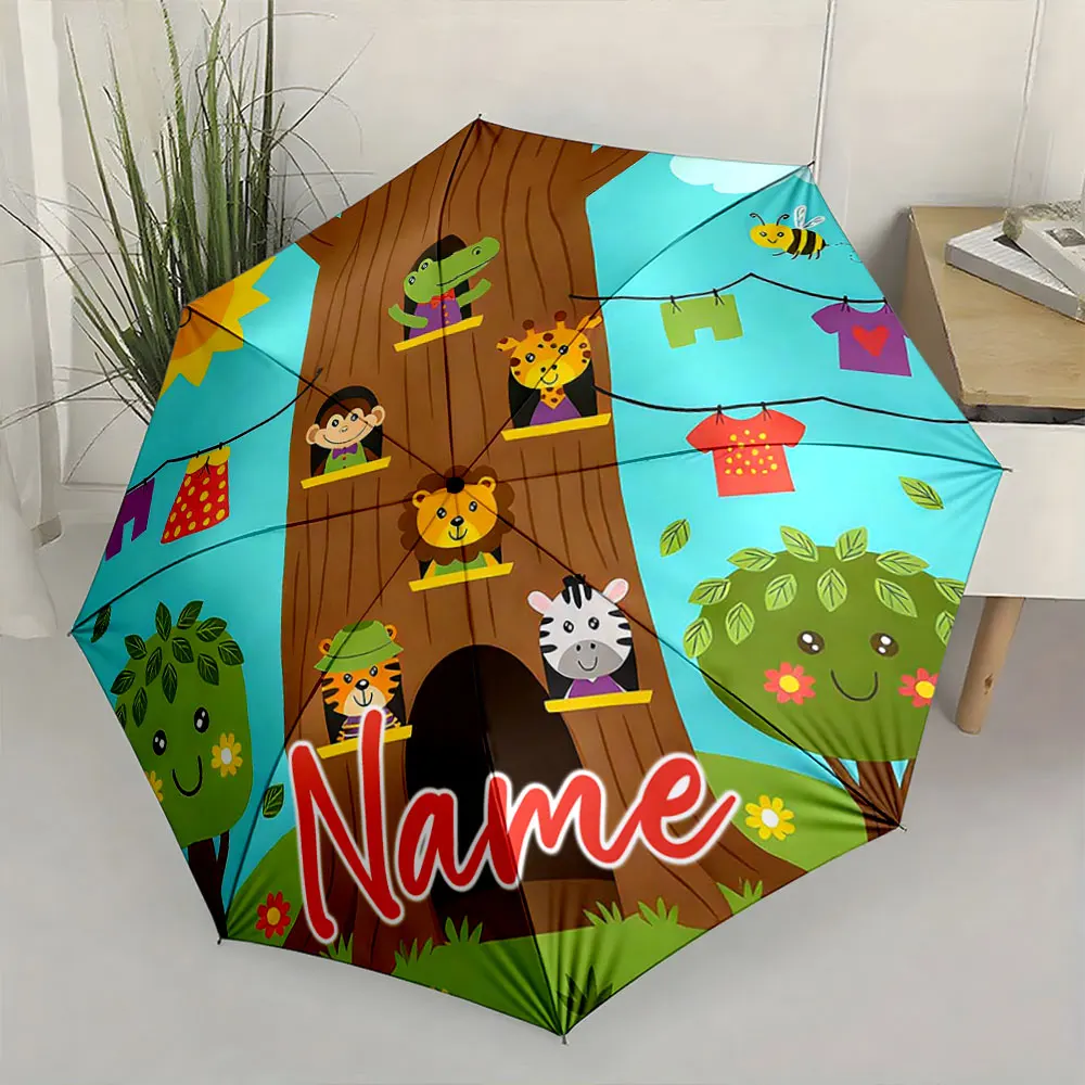 Custom Name Colorful Animals and Nature-Themed Kids Umbrella Print 8 Iron Ribs Folding Umbrella Auto-Open Fashion Sunshade