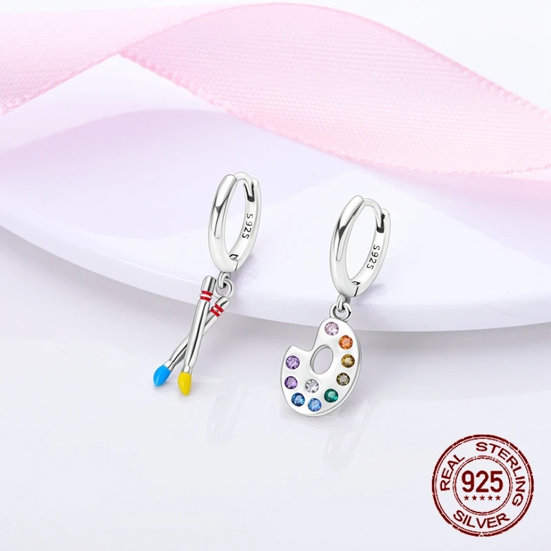 925 Sterling Silver Artist Paint Palette Brush Hoop Earrings for Women Colorful CZ Dangle Hoops Earrings Jewelry Birthday Gift