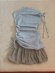 Japanese Blue Lace Up Bow Shirt Sets Women Summer Sleeveless New Slim Skirt Suit Half-high Collar Stripe Tops Mini Balloon Skirt