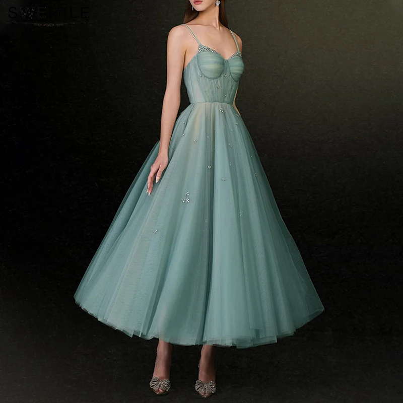 

SWEMILE Mint Green Sweetheart Neckline Tulle Evening Dress With Sparkling Bead Diamond A-Line Spaghetti Straps Homecoming Gowns