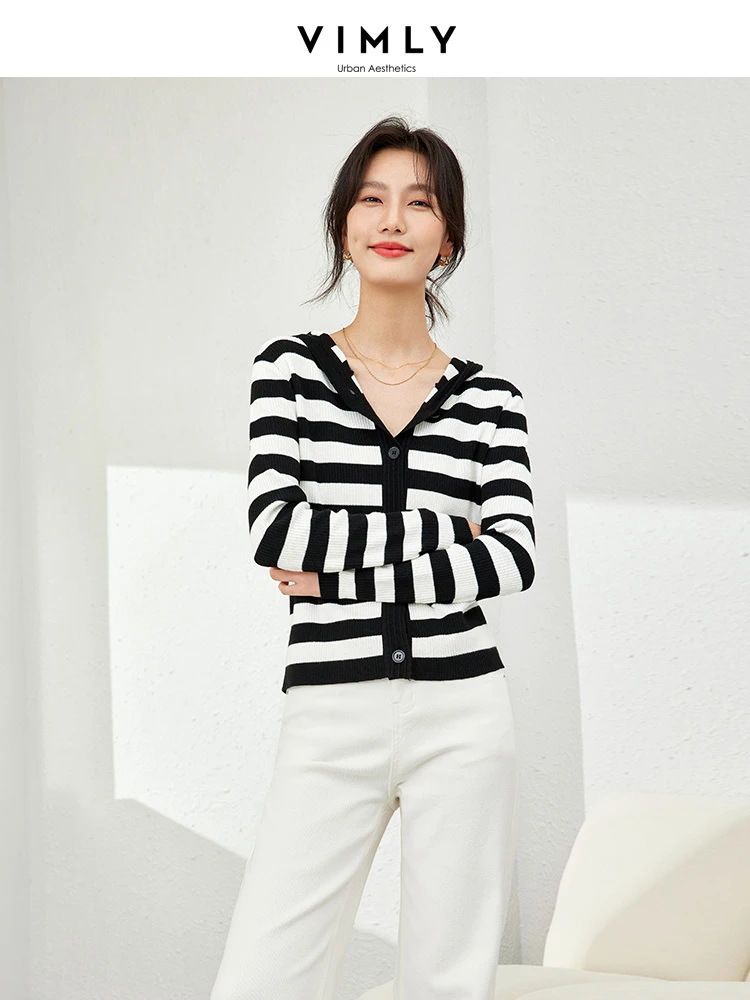 Vimly Wool Blend Hooded Knitted Cardigans Spring Black White Striped Sweater Coat Woman 2024 High Strecth Female Knitwear 72782