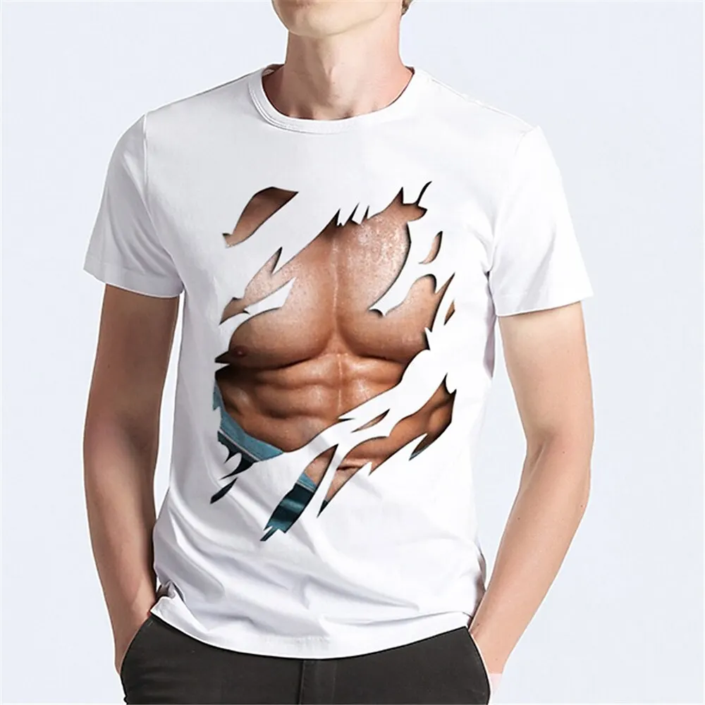 

Fashion Creative Fake Muscle Print T-Shirts Men's Personality Design Short Sleeved Tees Loose Casual Comfortable Round Neck Tops