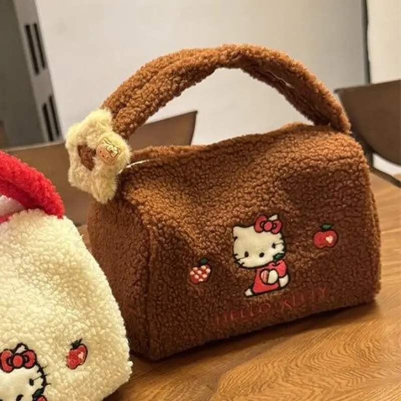 ハローキティ ラムウール ハンドバッグ 秋冬 大容量 化粧品 トイレタリー 収納 シングルレイヤー ジッパー 女の子 クリスマス ギフト