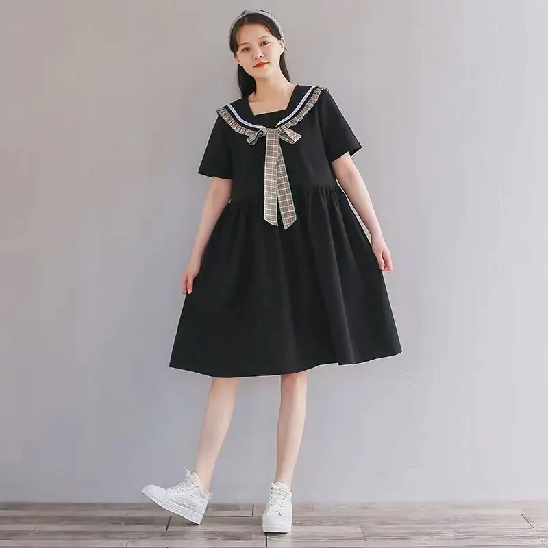 

Summer New High Quality JK Summer Cotton Dress Women Preppy Style Girls Navy Style Short Sleeve Dress Plus Size S-2XL
