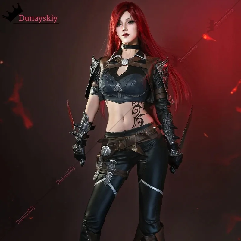 LOL الشريرة بليد كاتارينا تأثيري حلي كاتارينا قاتل الزي القتالي شعر مستعار الوشم ملصق ملحق هالوين تمويه