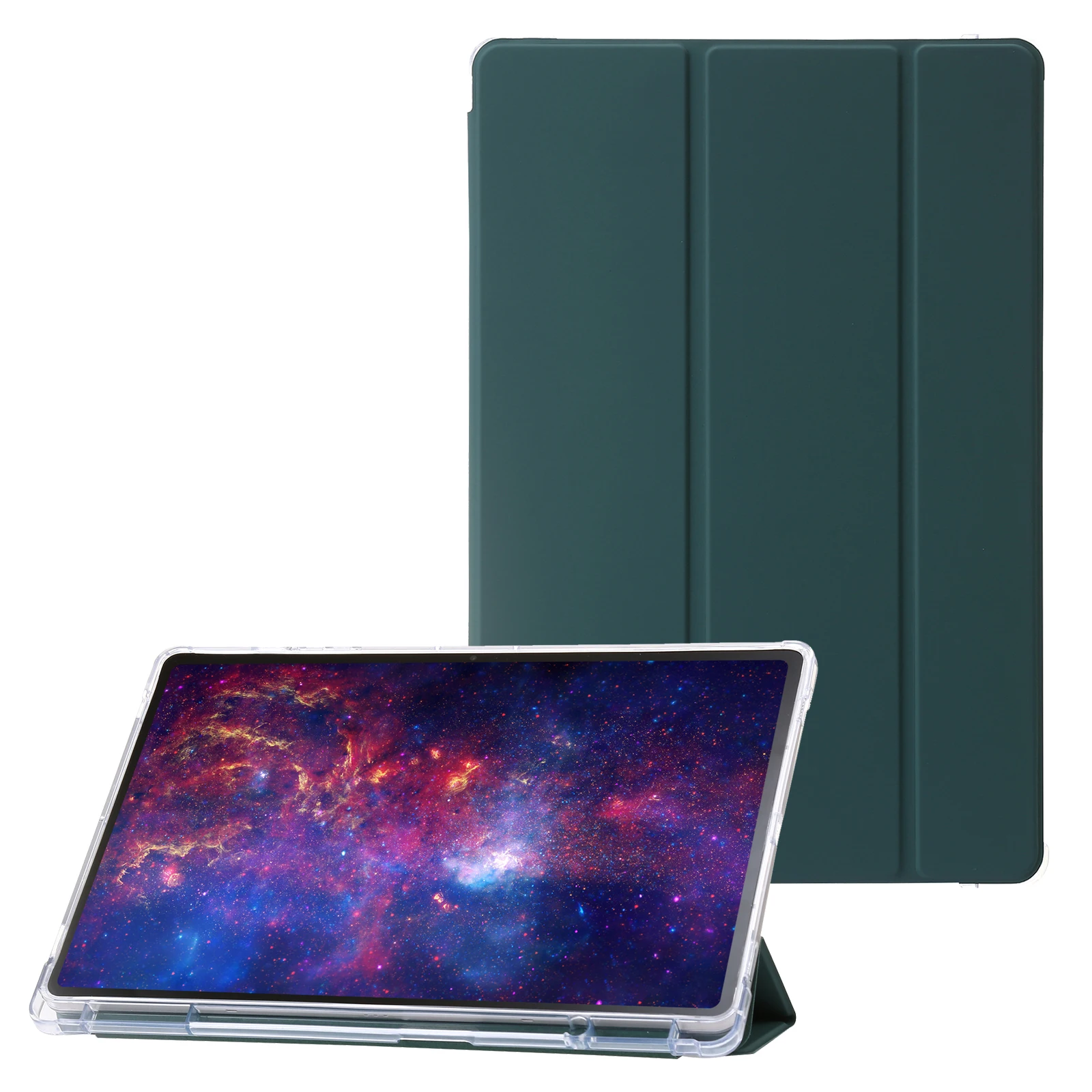

For Samsung Galaxy Tab S9+ Tri-fold Stand Smart Cover PU Leather+Acrylic+TPU Transparent Tablet Case - Midnight Green