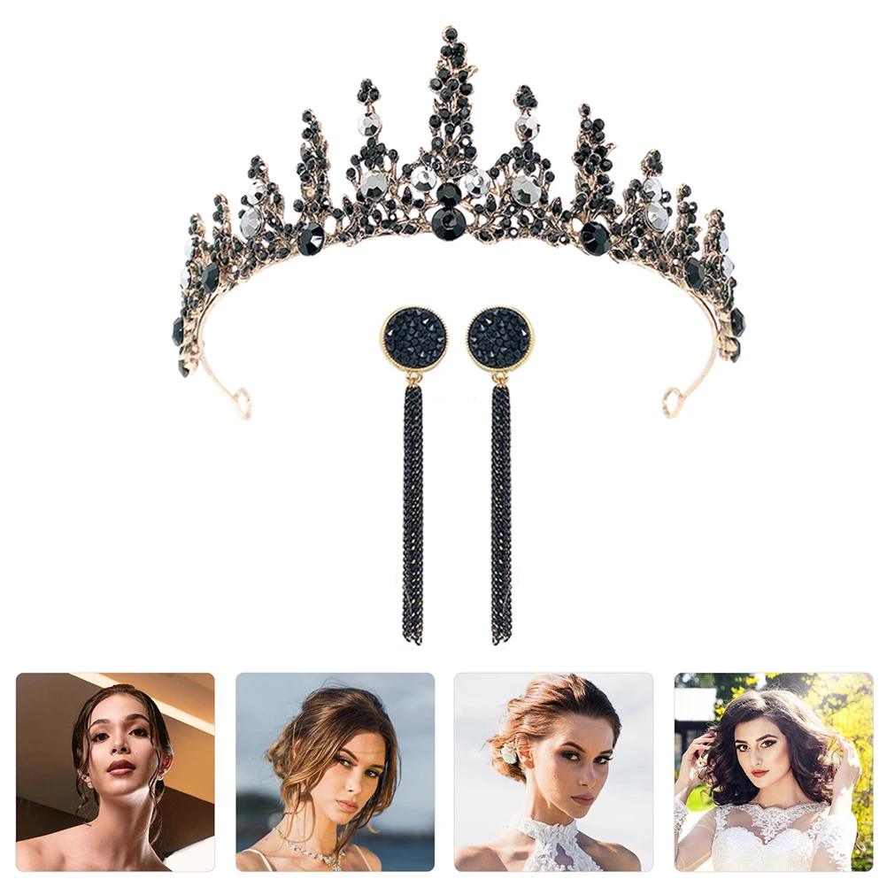

3pcs Black Retro Crown Bridal Headdresses for Wedding Party Elegant Accessories Hairstyle Tools Bride Earrings Fashion