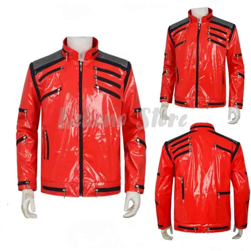 Costume de cosplay Michael Jackson, veste rouge classique, fermetures éclair, garnitures noires, tenue de scène pour homme, tenue de star