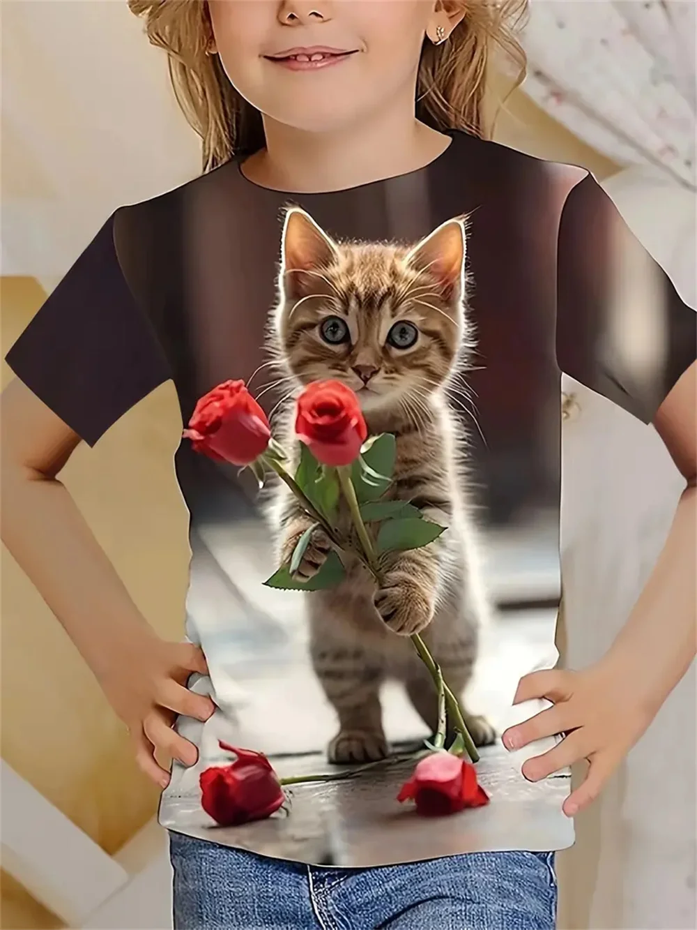 Nuevas camisetas divertidas con estampado 3d de gato Animal para niñas, camisetas de manga corta a la moda para fiesta, camisetas informales, ropa para niñas 2025