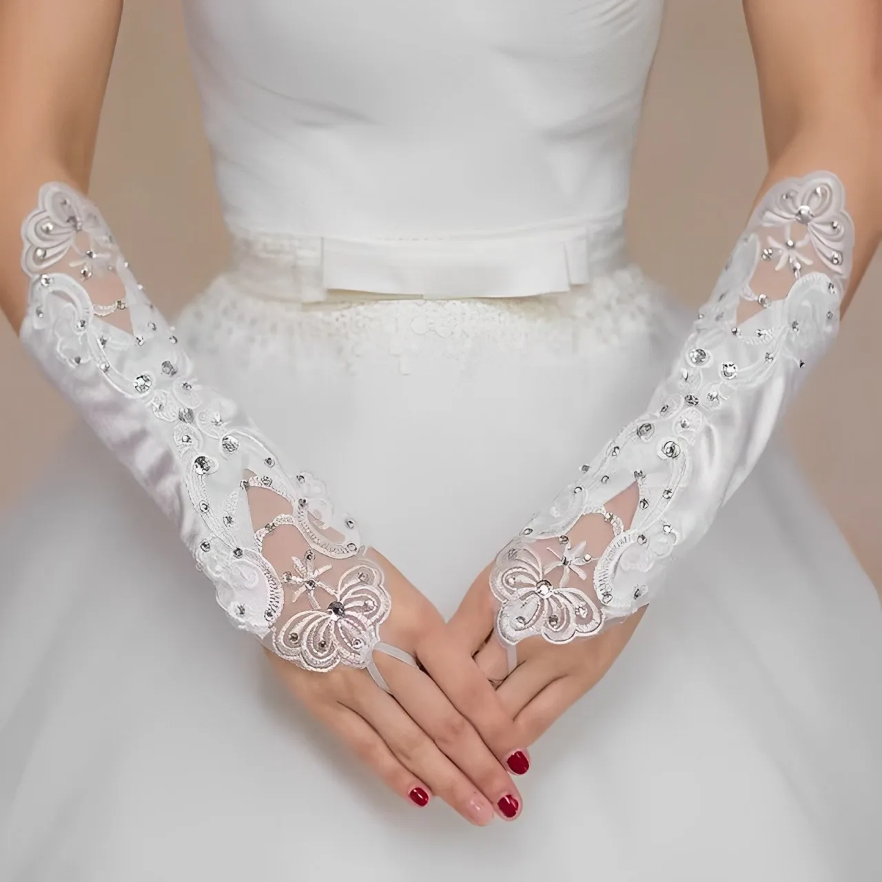 เจ้าหญิงซาตินลูกไม้ Communion ฮาโลวีนเครื่องแต่งกายงานแต่งงานดอกไม้สาว Fingerless ถุงมือ