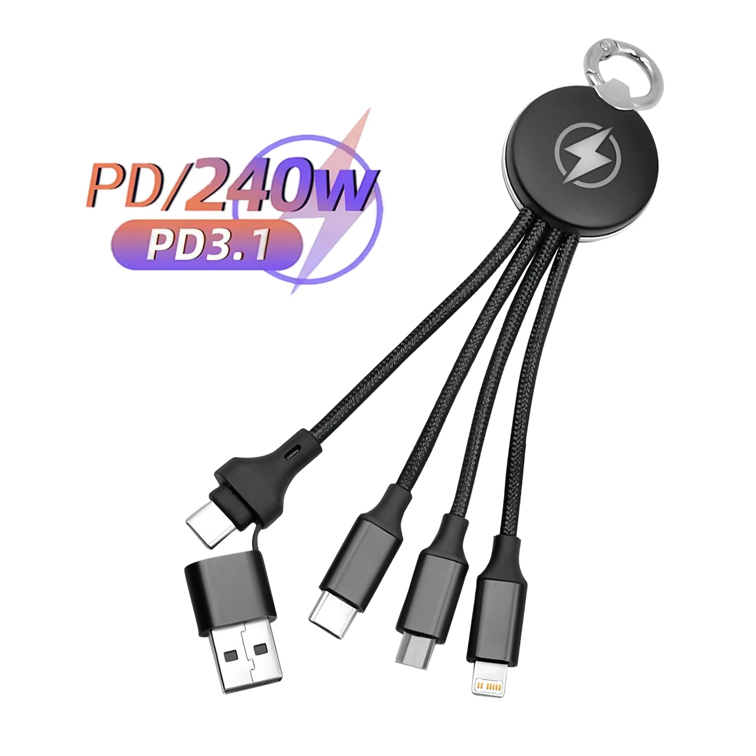 Keychain Short Cable 3 In 1 USB Fast Charging Cable Type C Micro IOS Multi Charger Cable for iPhone Samsung Nylon Braided Cord