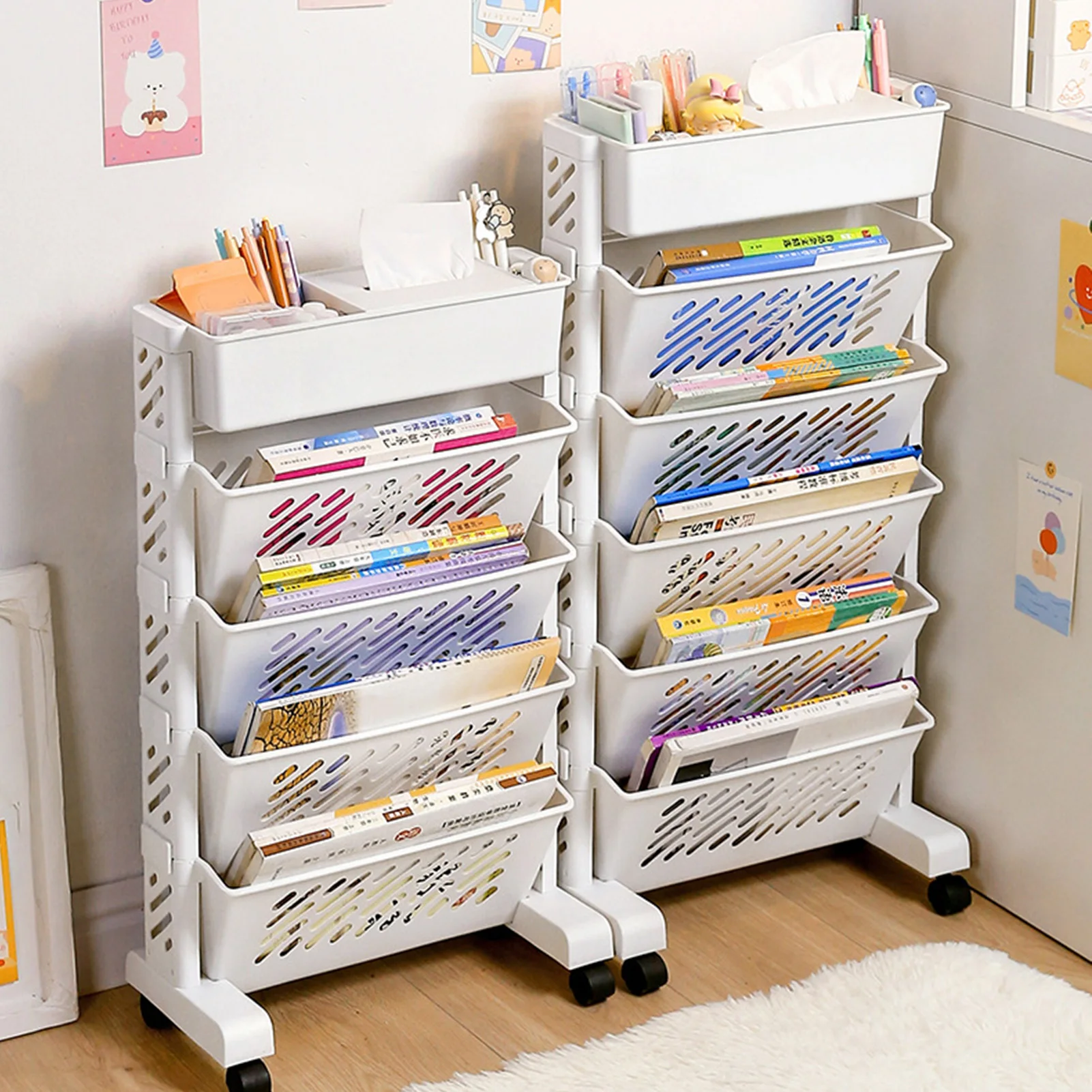 Movable Bookshelf Large Capacity Rotatable Removable Plastic Practical Rolling Organization Shelf