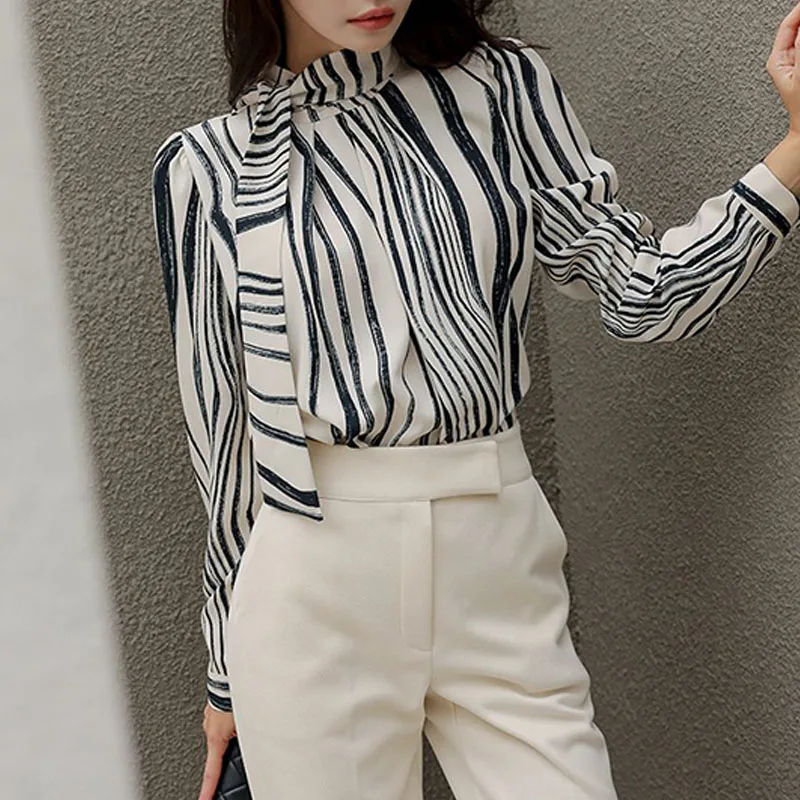 Fashion Stand Collar Women Blouse Long Sleeve Striped Lace-up Blouse Shirt Women Tops Camisas Blusa Blusas Camisas De Mujer N105